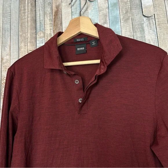Hugo Boss S Burgundy Red 100% Virgin Wool Knit Polo Pullover Sweater Long Sleeve